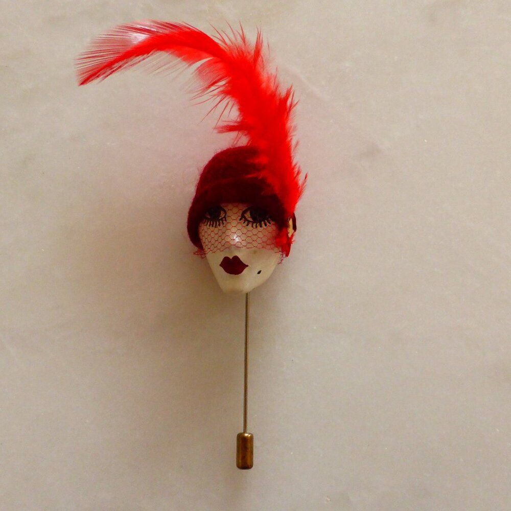 Beautiful Vintage French Flapper Stick Pin Brooch 1970s Collectible, Handpainted